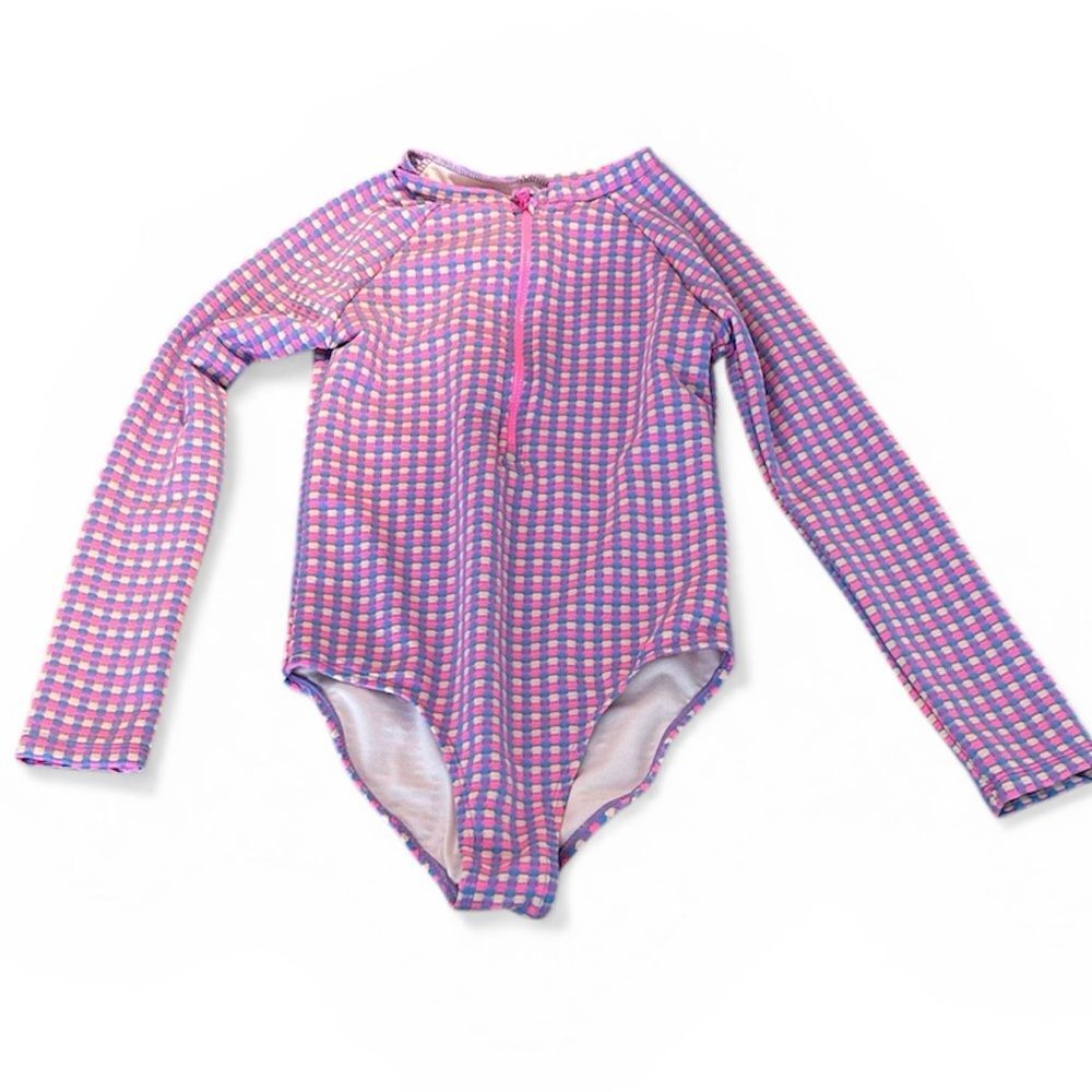 Paisley Lane Pink Check Long-Sleeve Kids Swim One-Piece Rash Guard